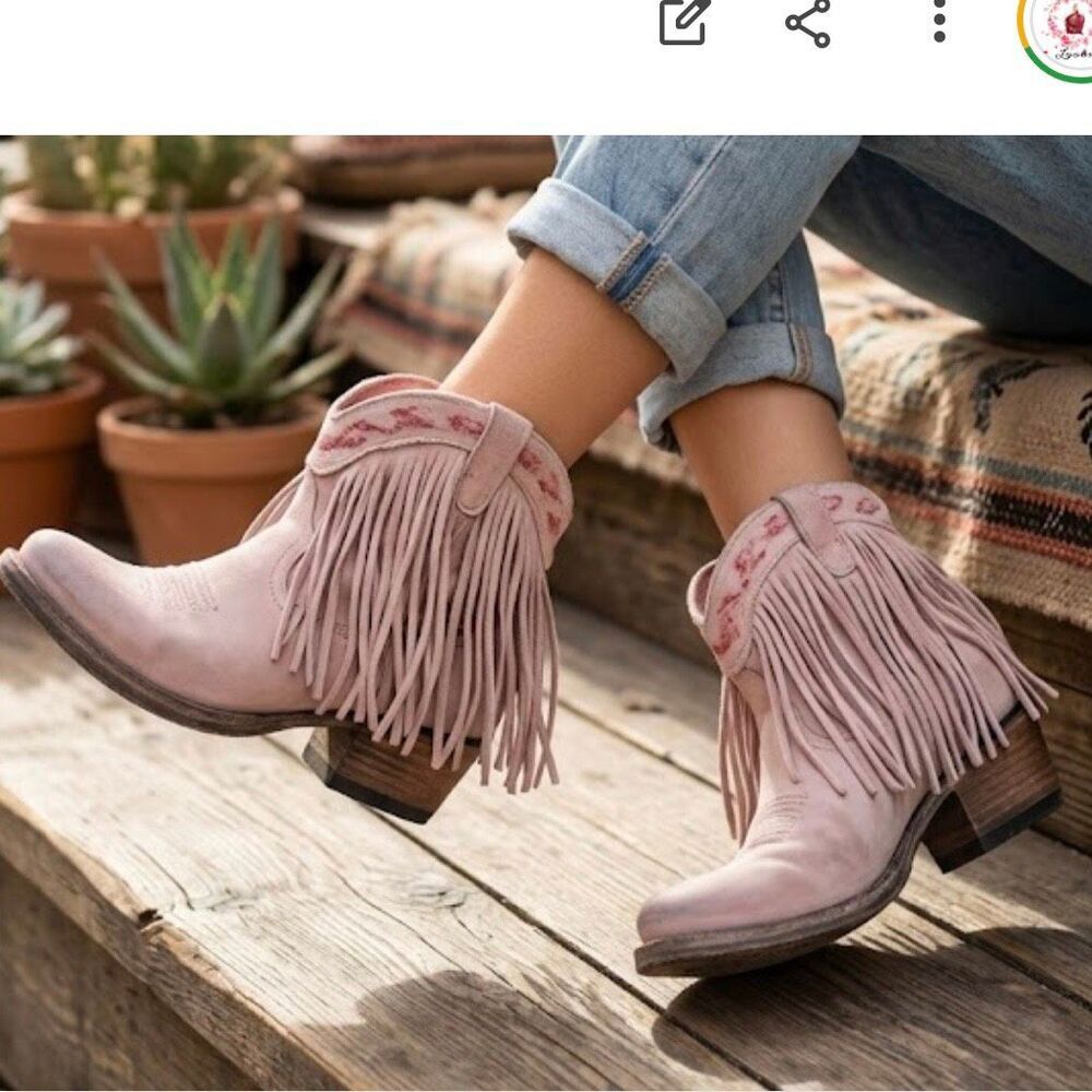 Junk Gypsy Fringed Suede Heeled Boots - Light Pink western core leather rodeo si